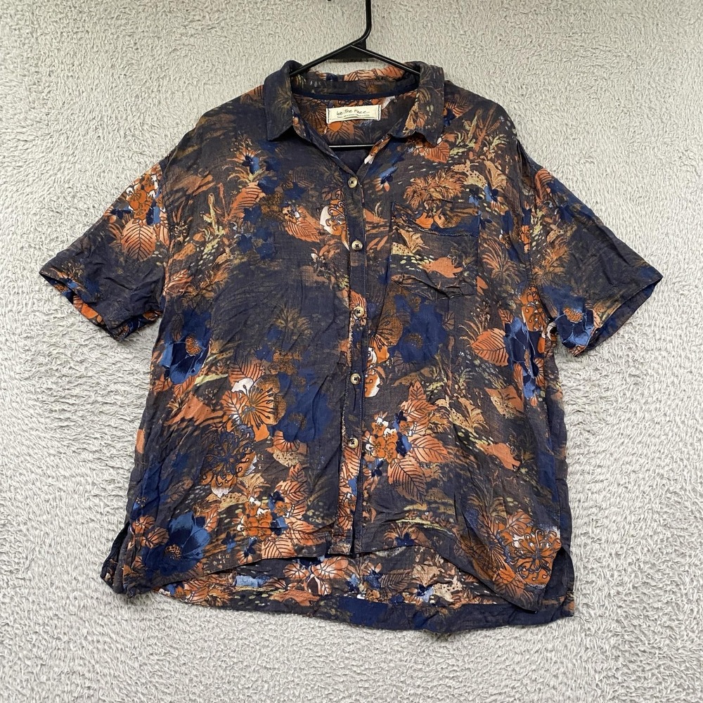 We The Free Button Up Shirt Womens Small Blue Floral Viscose Boho Short Sleeve